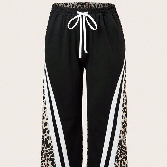 Black Casual Women's Striped Drawstring Pocket Pants - Picture 2 of 6